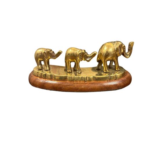 Vintage Three Brass Elephant Trunks Up On A Wood Base Figurine Made In India - Picture 2 of 5